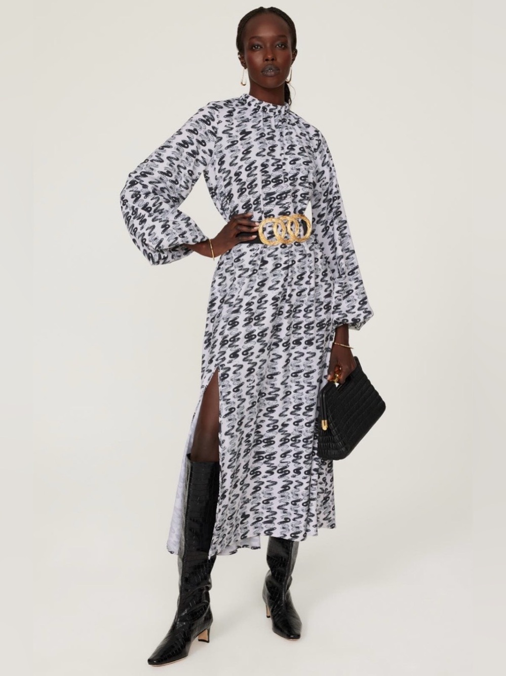 Thebe Magugu~Black & White Fingerpaint Kaftan High-Neck Maxi Dress~Size M~$474~